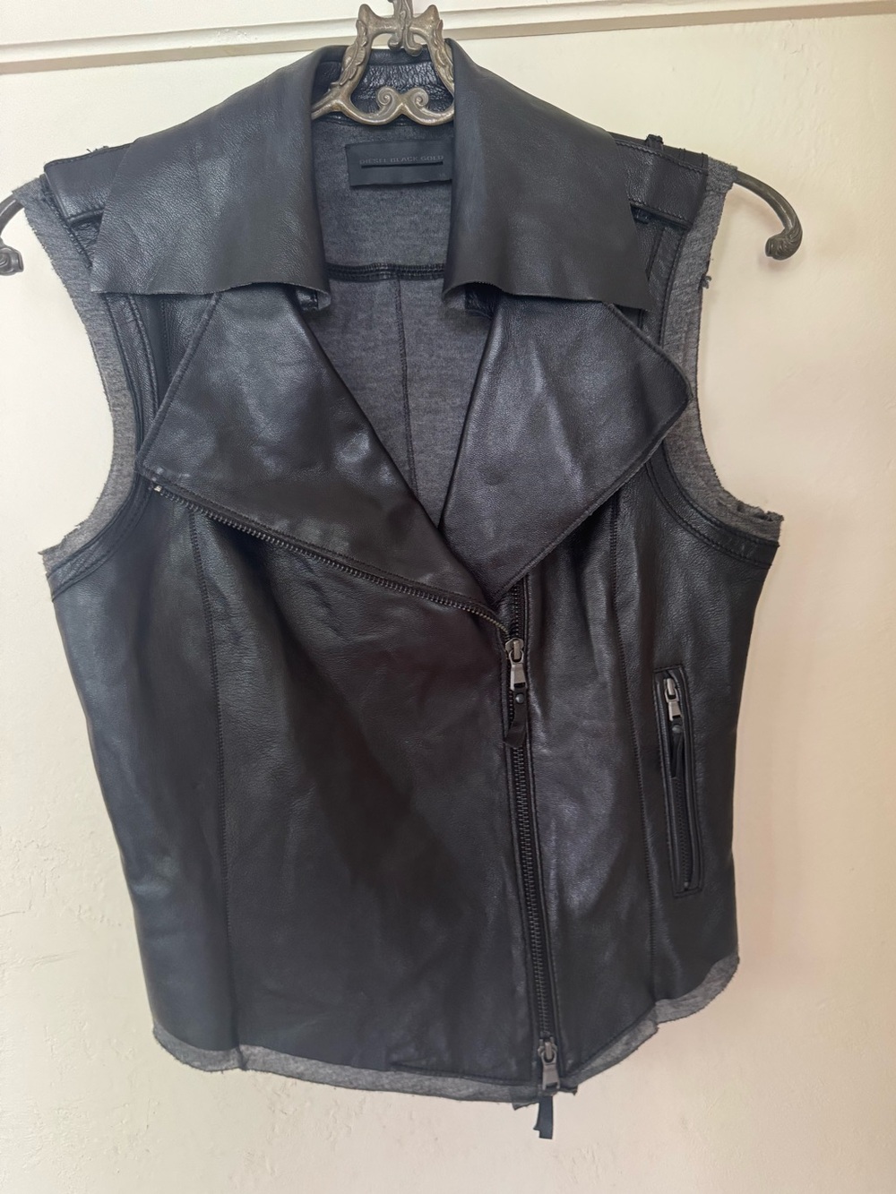 Diesel Black Gold Leather Moto Vest Made Italy Soft Sheep Leather Sz 38 (S/M)